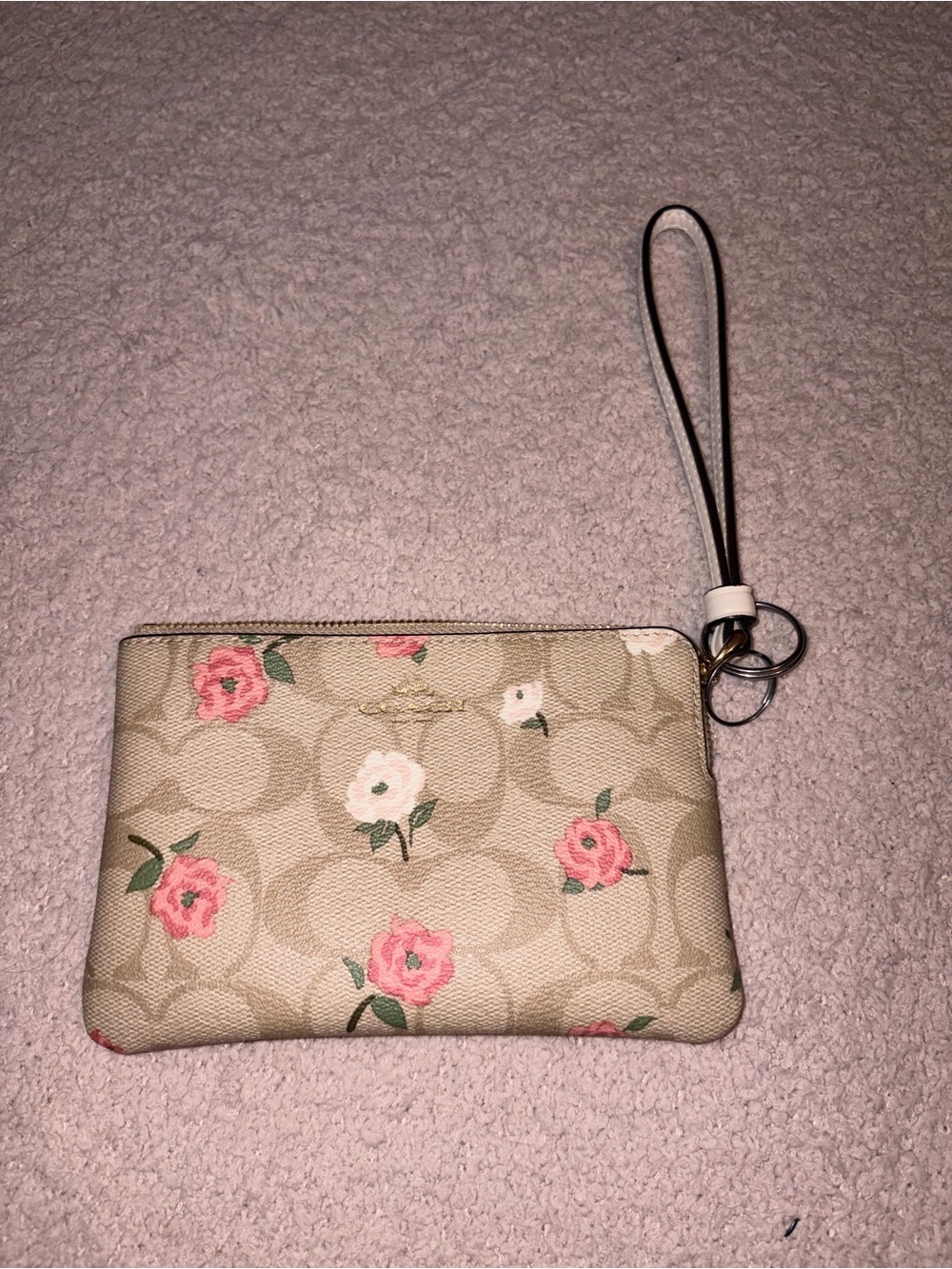 Coach Beige Signature Floral Wristlet with Pink & White Roses
